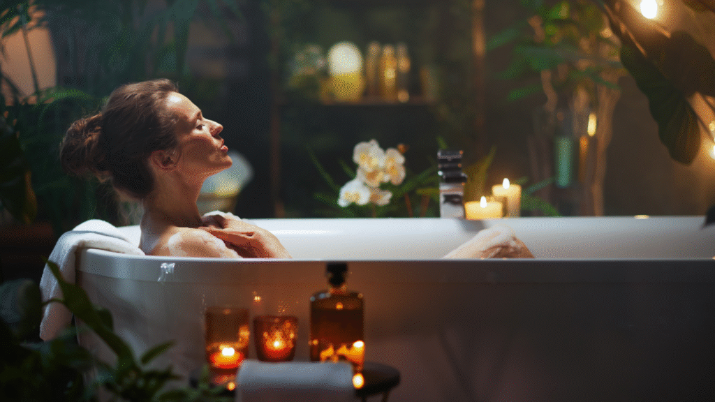 Woman practicing self love by taking a bath