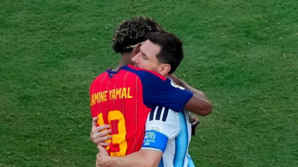 Lionel Messi and Yamal on the field after the 2026 World Cup final